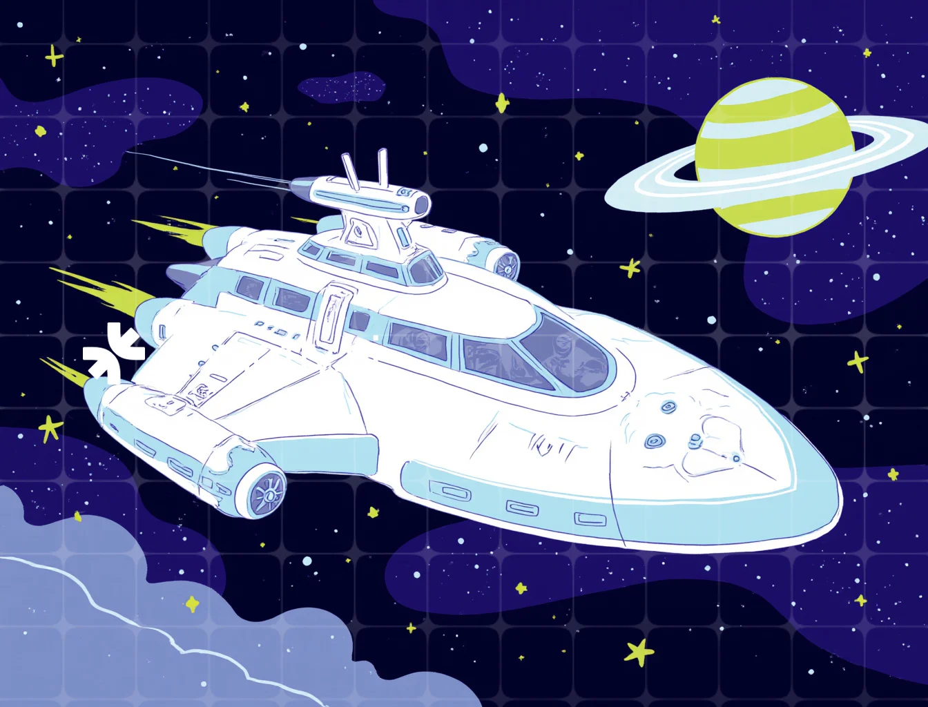 A large spaceship moving through deep space, surrounded by distant stars and a nearby nebula. The ship has a detailed structure with various panels, thrusters, antennae, and weapon turrets. Its front features a reinforced viewport showing the control bridge inside. Engine cores at the rear leave a trail of ionized gas. The background includes a nebula, numerous stars, and a distant planet with thick clouds. The spaceship is equipped for exploration, with docking ports and robotic arms, conveying a sense of adventure and discovery. created with Gentle Realism by Livensir