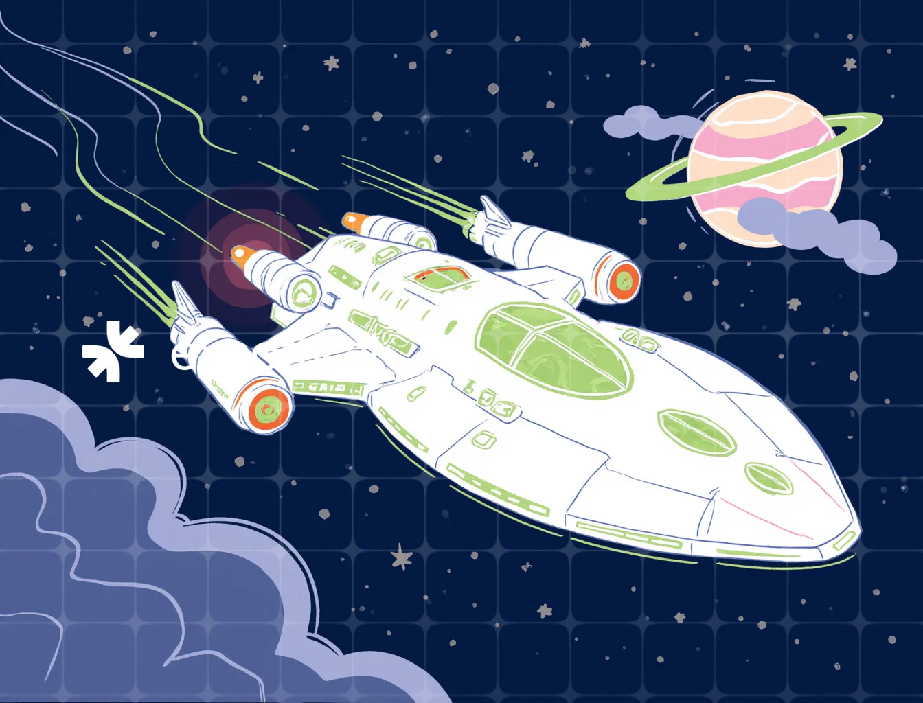 A large spaceship moving through deep space, surrounded by distant stars and a nearby nebula. The ship has a detailed structure with various panels, thrusters, antennae, and weapon turrets. Its front features a reinforced viewport showing the control bridge inside. Engine cores at the rear leave a trail of ionized gas. The background includes a nebula, numerous stars, and a distant planet with thick clouds. The spaceship is equipped for exploration, with docking ports and robotic arms, conveying a sense of adventure and discovery. created with Gentle Realism by Livensir