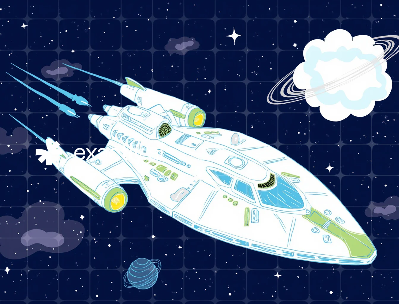A large spaceship moving through deep space, surrounded by distant stars and a nearby nebula. The ship has a detailed structure with various panels, thrusters, antennae, and weapon turrets. Its front features a reinforced viewport showing the control bridge inside. Engine cores at the rear leave a trail of ionized gas. The background includes a nebula, numerous stars, and a distant planet with thick clouds. The spaceship is equipped for exploration, with docking ports and robotic arms, conveying a sense of adventure and discovery. created with Gentle Realism by Livensir