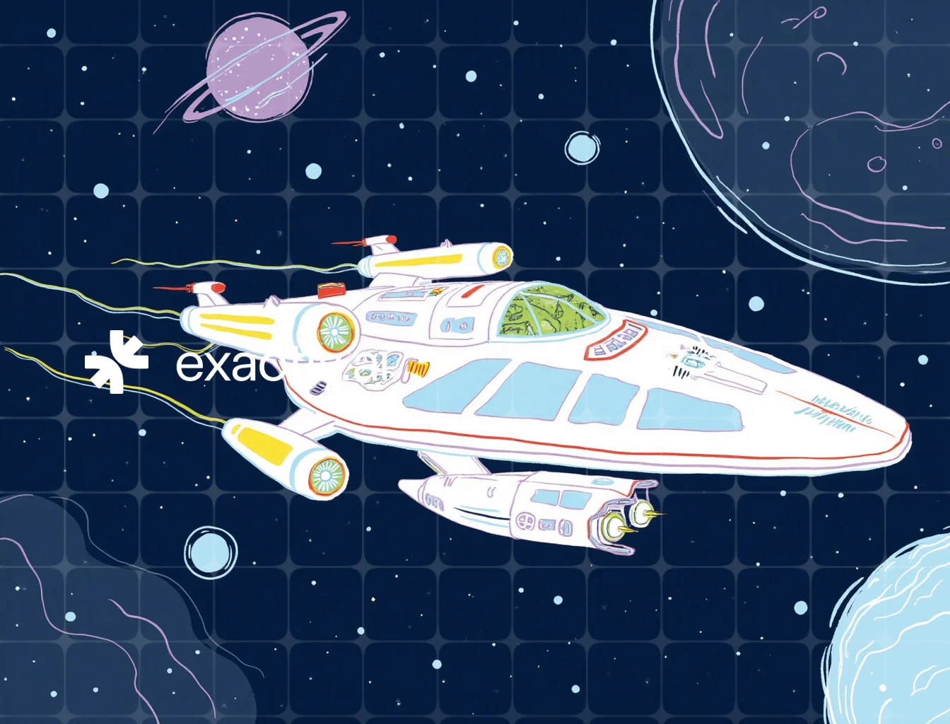 A large spaceship moving through deep space, surrounded by distant stars and a nearby nebula. The ship has a detailed structure with various panels, thrusters, antennae, and weapon turrets. Its front features a reinforced viewport showing the control bridge inside. Engine cores at the rear leave a trail of ionized gas. The background includes a nebula, numerous stars, and a distant planet with thick clouds. The spaceship is equipped for exploration, with docking ports and robotic arms, conveying a sense of adventure and discovery. created with Gentle Realism by Livensir