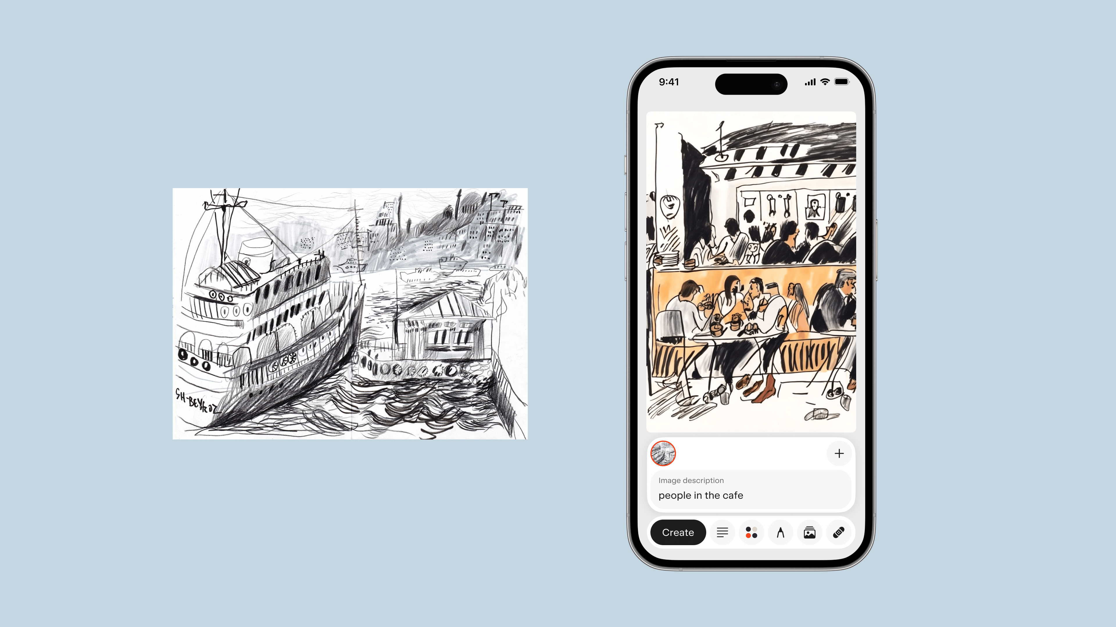 Sketch by Maria Bort; image generated based on Maria's artwork in exactly.ai